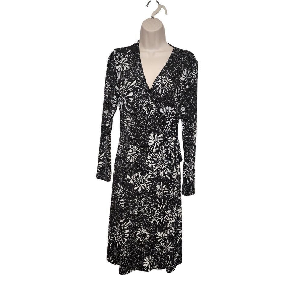 Chico's Floral Wrap Midi Dress Size 0/ US Small Black & White